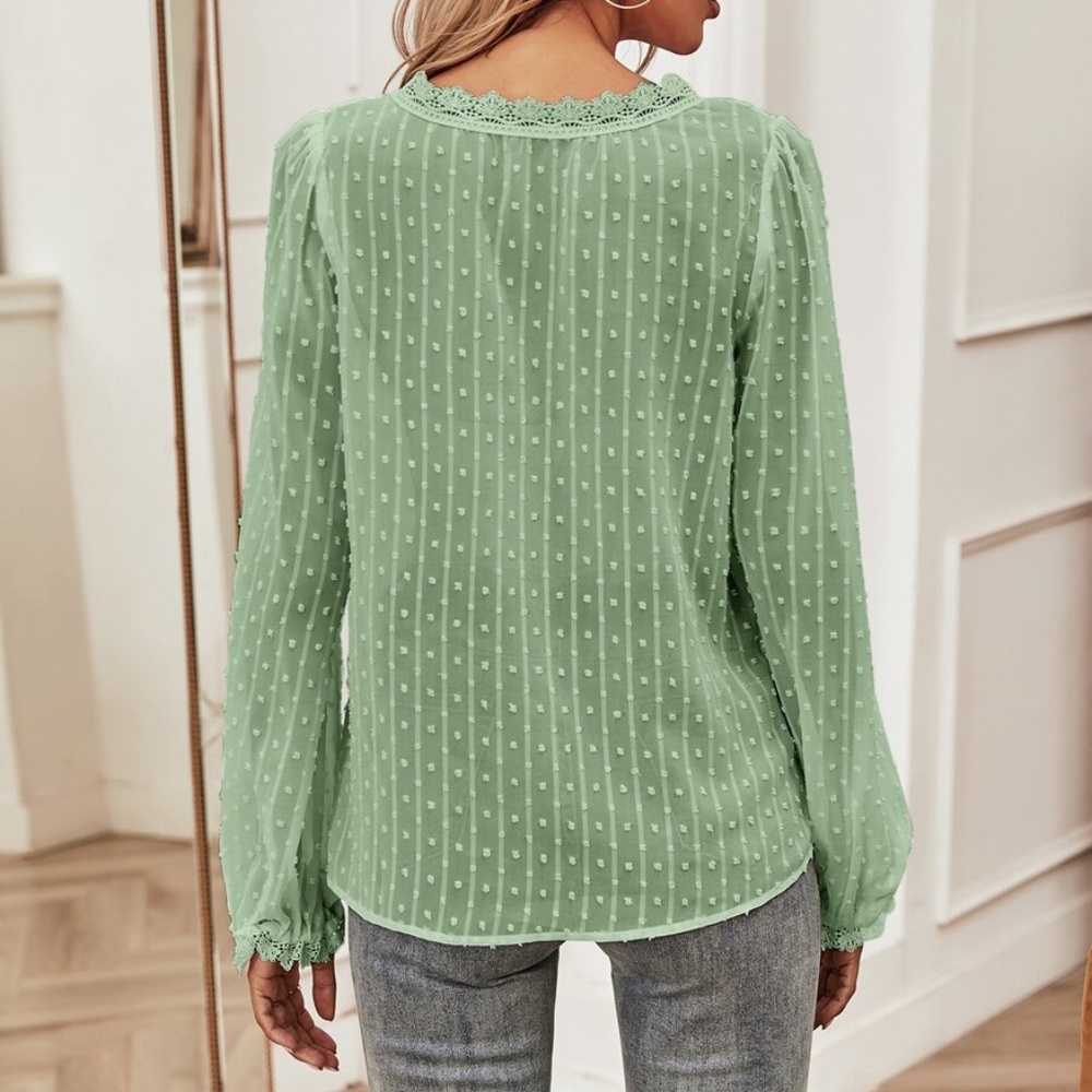 Swiss Dot Lace Sheer Long Sleeve Blouse - Picture 13 of 16